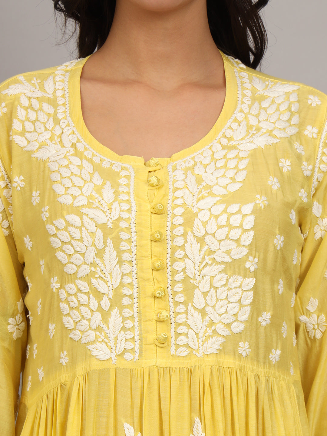 Hand Embroidered Chikankari Muslin Jalabiya-AL4017 Yellow