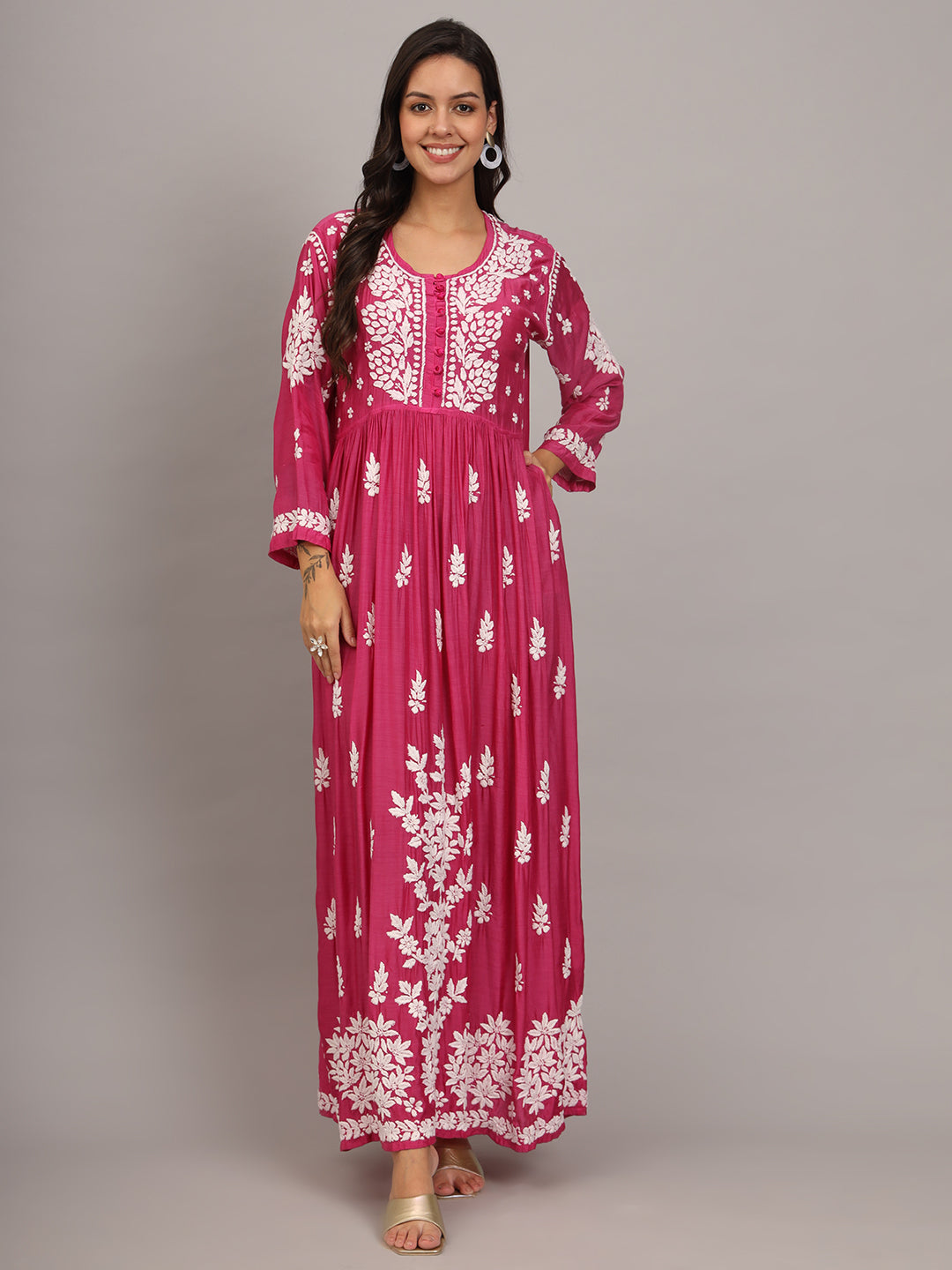 Hand Embroidered Chikankari Muslin Jalabiya-AL4017