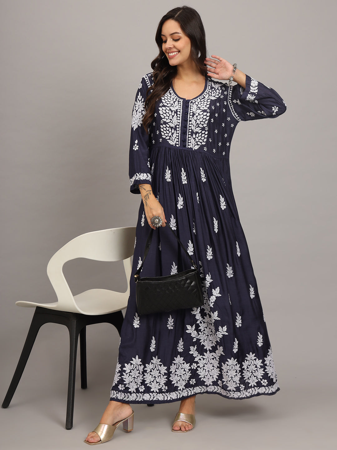 Hand Embroidered Chikankari Muslin Jalabiya-AL4017