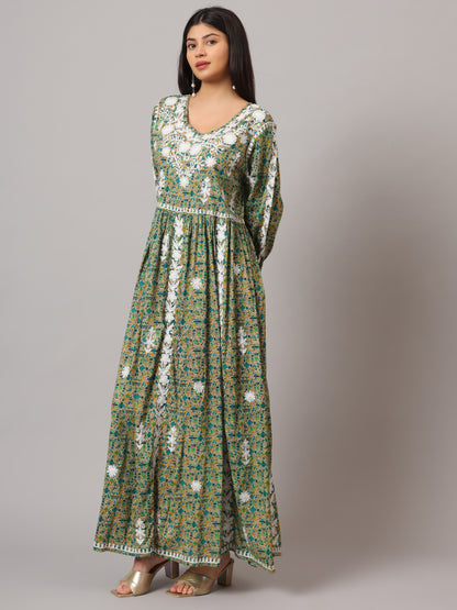 Hand Embroidered Lucknowi Chikankari  Printed Mulmul Cotton Jalabiya-AL3936