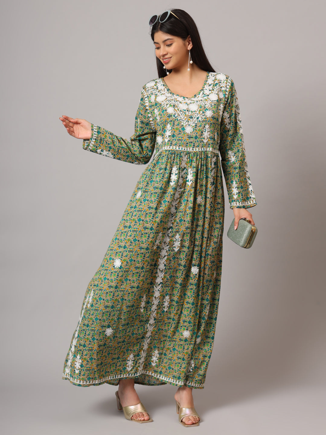 Hand Embroidered Lucknowi Chikankari  Printed Mulmul Cotton Jalabiya-AL3936