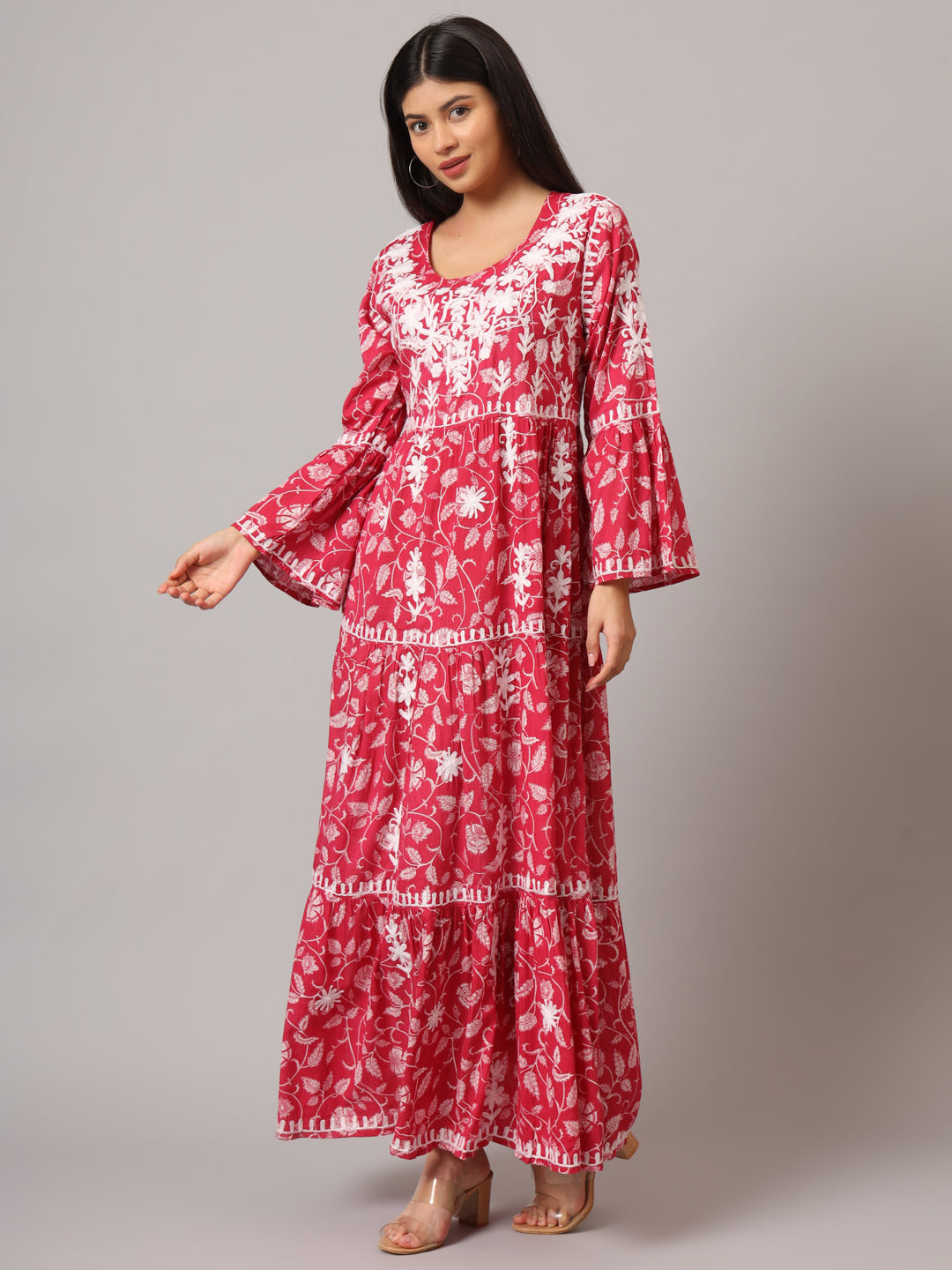 Hand Embroidered Chikankari A-Line Gathering Pattern Mulmul Cotton Jalabiya-AL3673