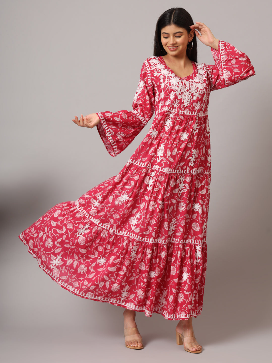 Hand Embroidered Chikankari A-Line Gathering Pattern Mulmul Cotton Jalabiya-AL3673
