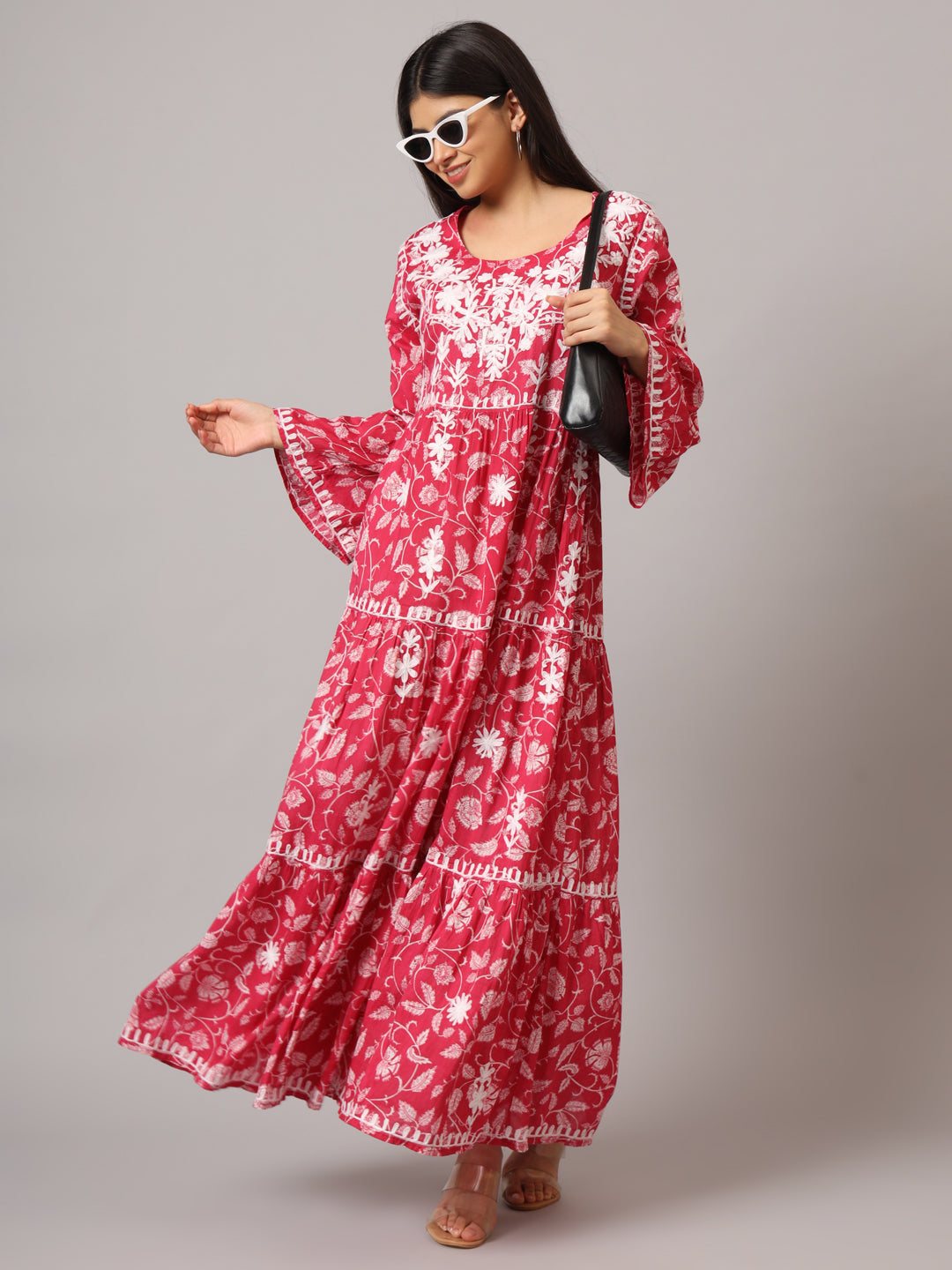 Hand Embroidered Chikankari A-Line Gathering Pattern Mulmul Cotton Jalabiya-AL3673