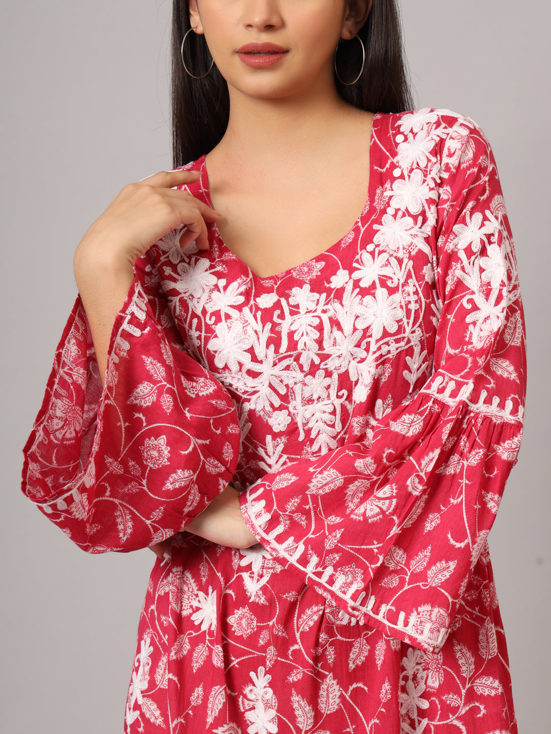 Hand Embroidered Chikankari A-Line Gathering Pattern Mulmul Cotton Jalabiya-AL3673