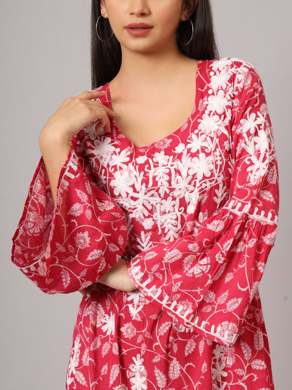 Hand Embroidered Chikankari A-Line Gathering Pattern Mulmul Cotton Jalabiya-AL3673