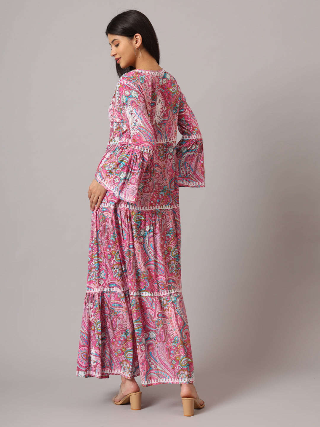 Hand Embroidered Chikankari A-Line Gathering Pattern Mulmul Cotton Jalabiya-AL3673 Pink & Blue
