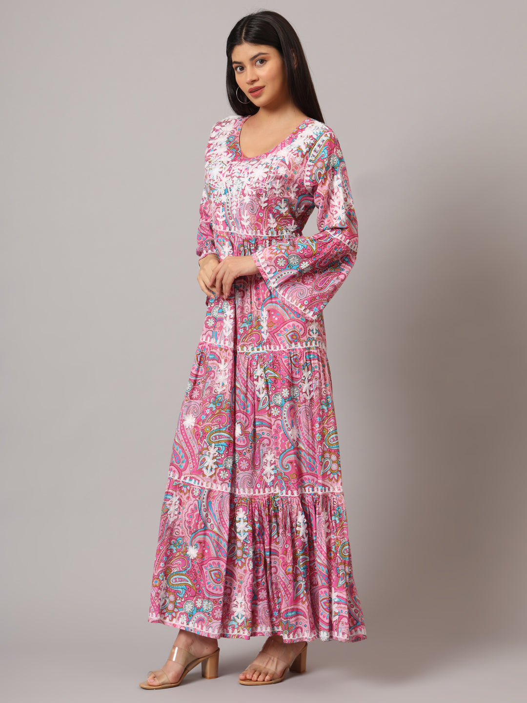 Hand Embroidered Chikankari A-Line Gathering Pattern Mulmul Cotton Jalabiya-AL3673 Pink & Blue