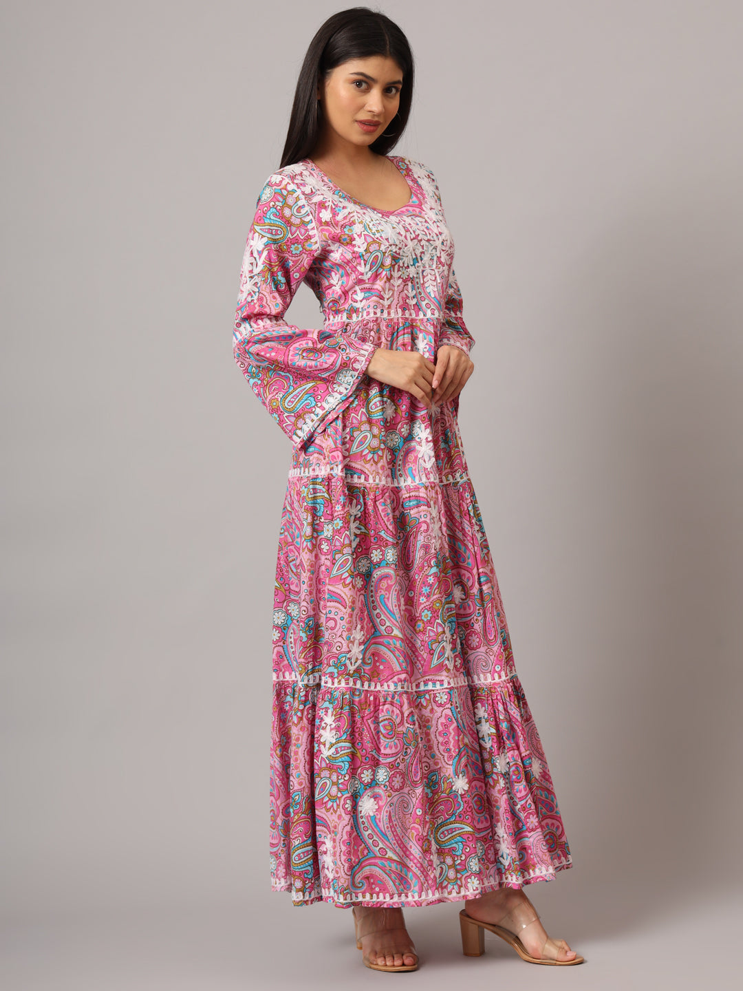 Hand Embroidered Chikankari A-Line Gathering Pattern Mulmul Cotton Jalabiya-AL3673 Pink & Blue