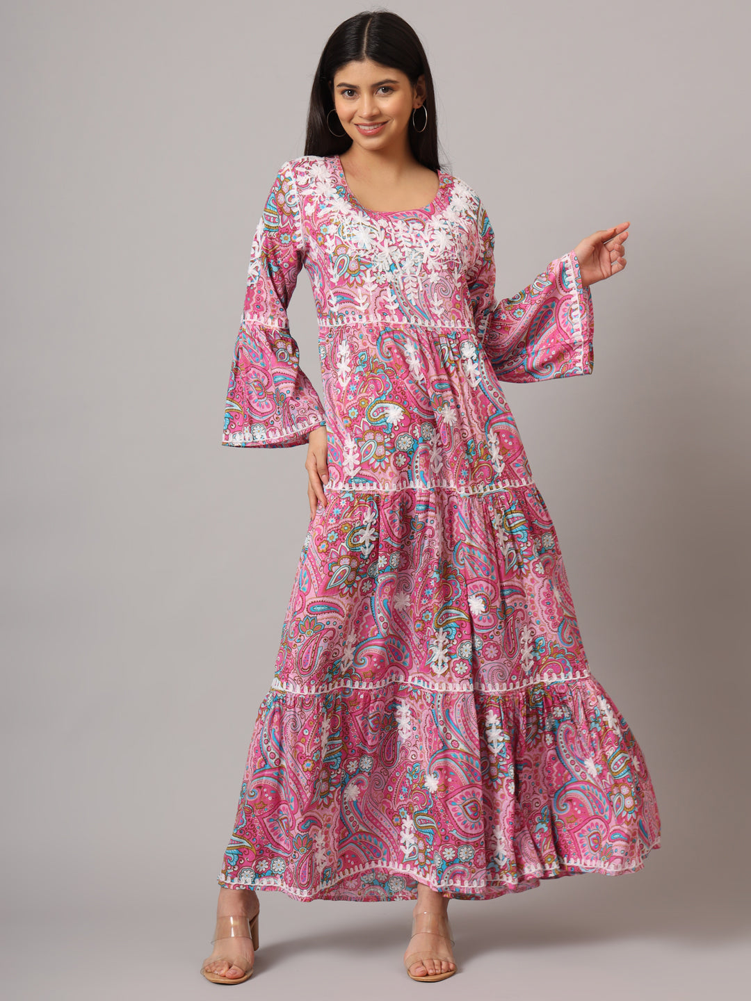 Hand Embroidered Chikankari A-Line Gathering Pattern Mulmul Cotton Jalabiya-AL3673 Pink & Blue