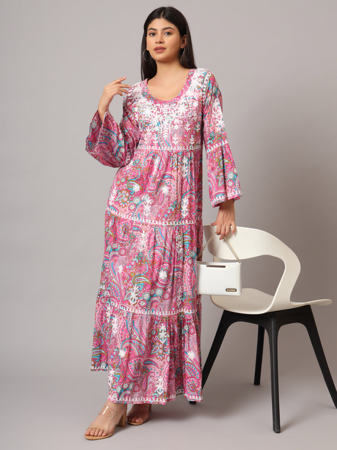 Hand Embroidered Chikankari A-Line Gathering Pattern Mulmul Cotton Jalabiya-AL3673 Pink & Blue