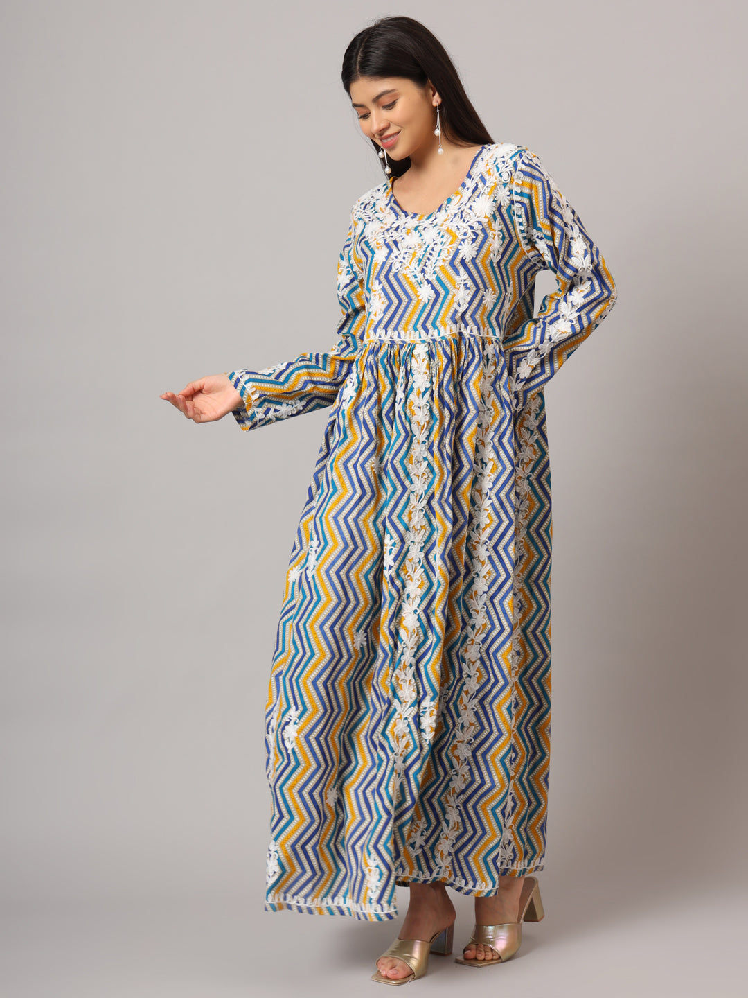 Hand Embroidered Lucknowi Chikankari  Printed Mulmul Cotton Jalabiya-AL3936