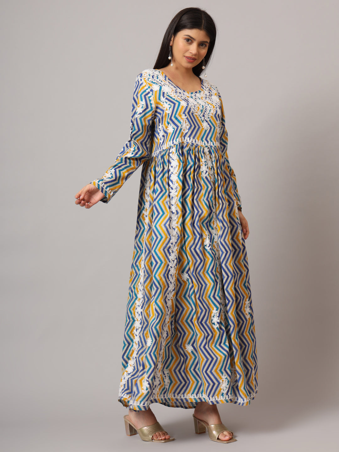 Hand Embroidered Lucknowi Chikankari  Printed Mulmul Cotton Jalabiya-AL3936