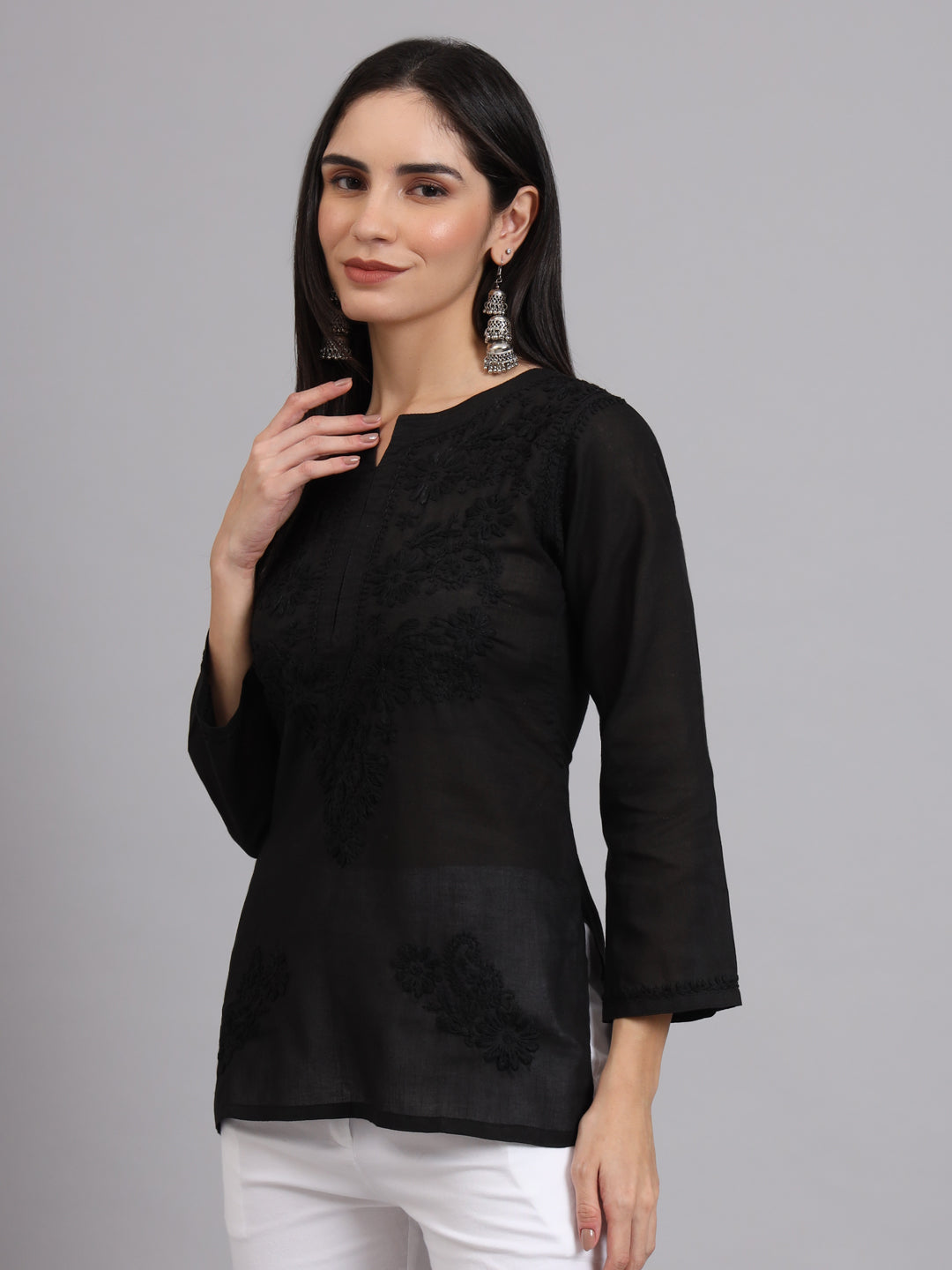 Hand Embroidered Chikankari Cotton Straight Kurti-AL3405