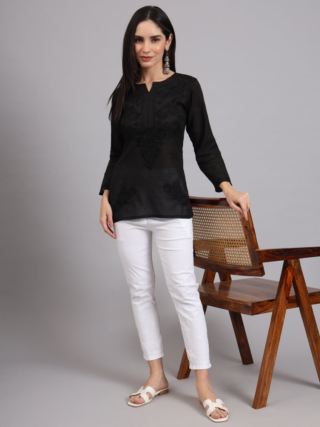 Hand Embroidered Chikankari Cotton Straight Kurti-AL3405