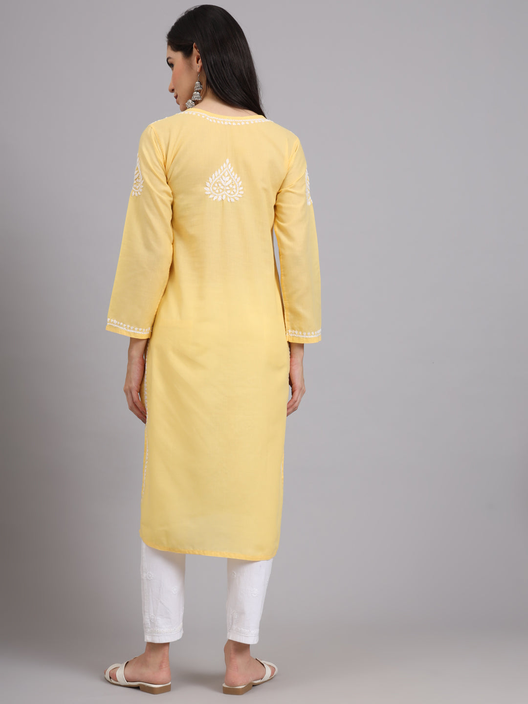 Hand Embroidered Chikankari Cotton Straight Kurta-AL3997 Yellow