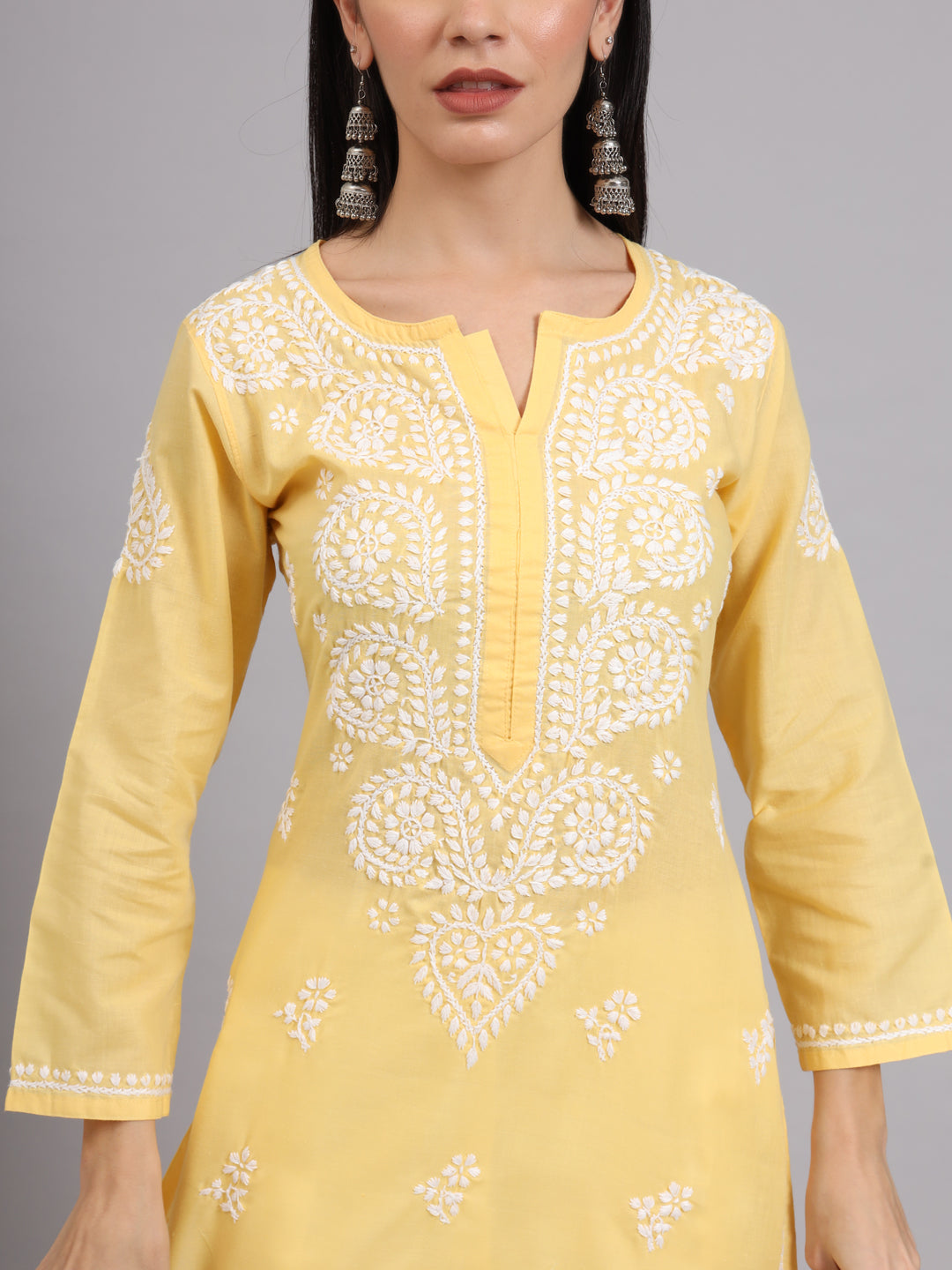 Hand Embroidered Chikankari Cotton Straight Kurta-AL3997 Yellow