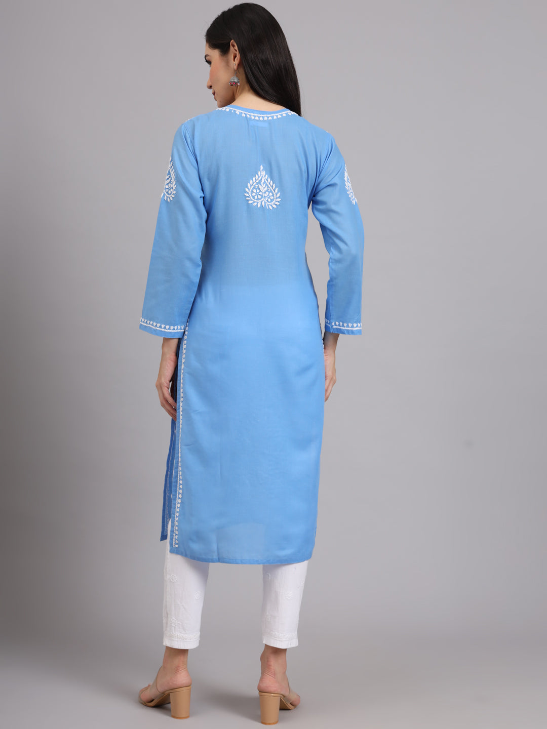 Hand Embroidered Chikankari Cotton Straight Kurta-AL3997 Denim