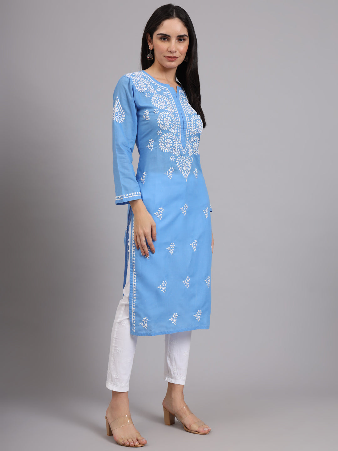 Hand Embroidered Chikankari Cotton Straight Kurta-AL3997 Denim