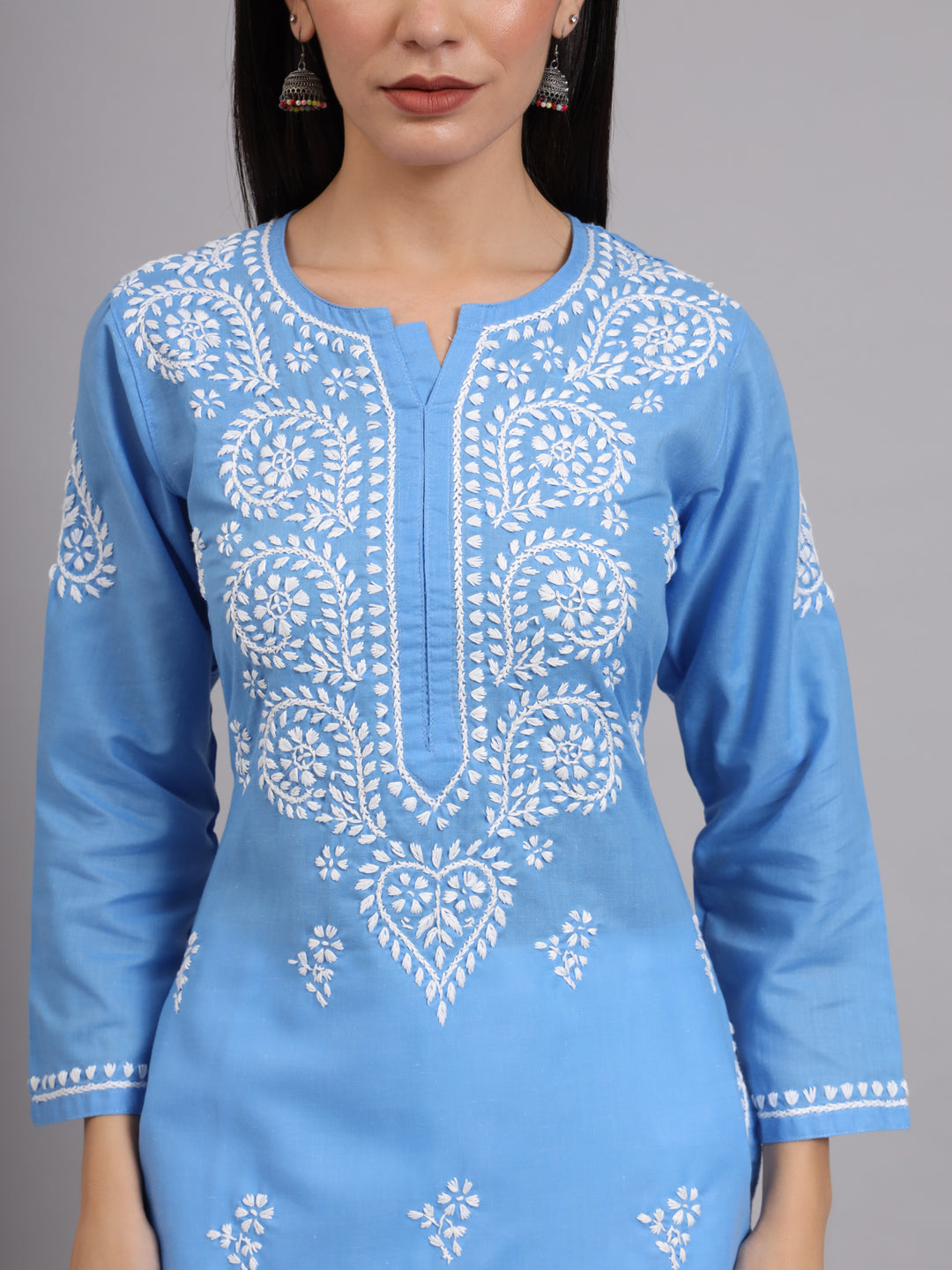 Hand Embroidered Chikankari Cotton Straight Kurta-AL3997 Denim