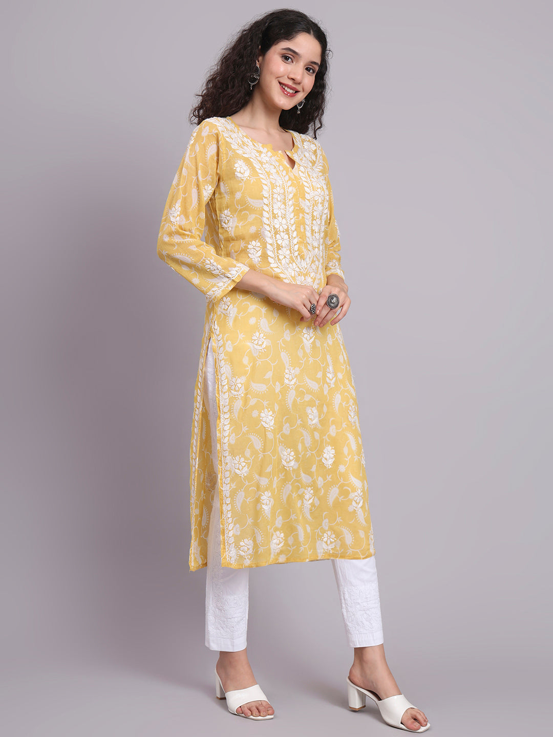 Women Hand Embroidered Chikankari Mul Printed Cotton Kurta-AL4072 Yellow