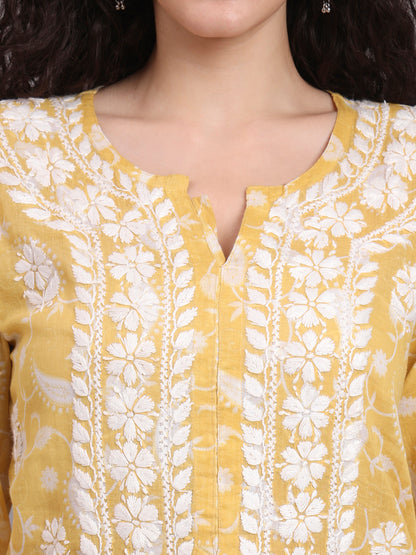 Women Hand Embroidered Chikankari Mul Printed Cotton Kurta-AL4072 Yellow