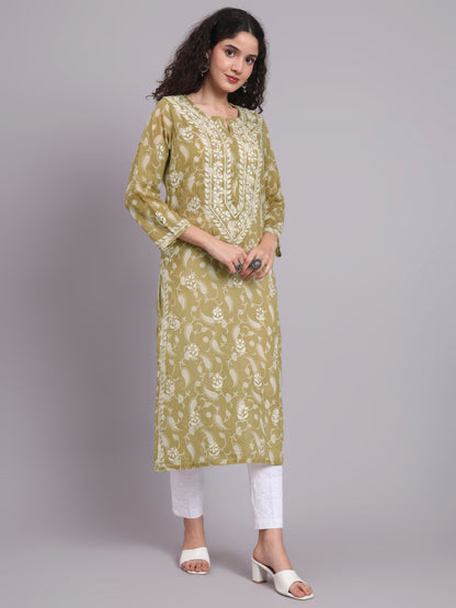 Women Hand Embroidered Chikankari Mul Printed Cotton Kurta-AL4072 Olive
