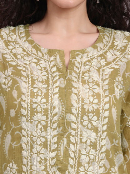 Women Hand Embroidered Chikankari Mul Printed Cotton Kurta-AL4072 Olive