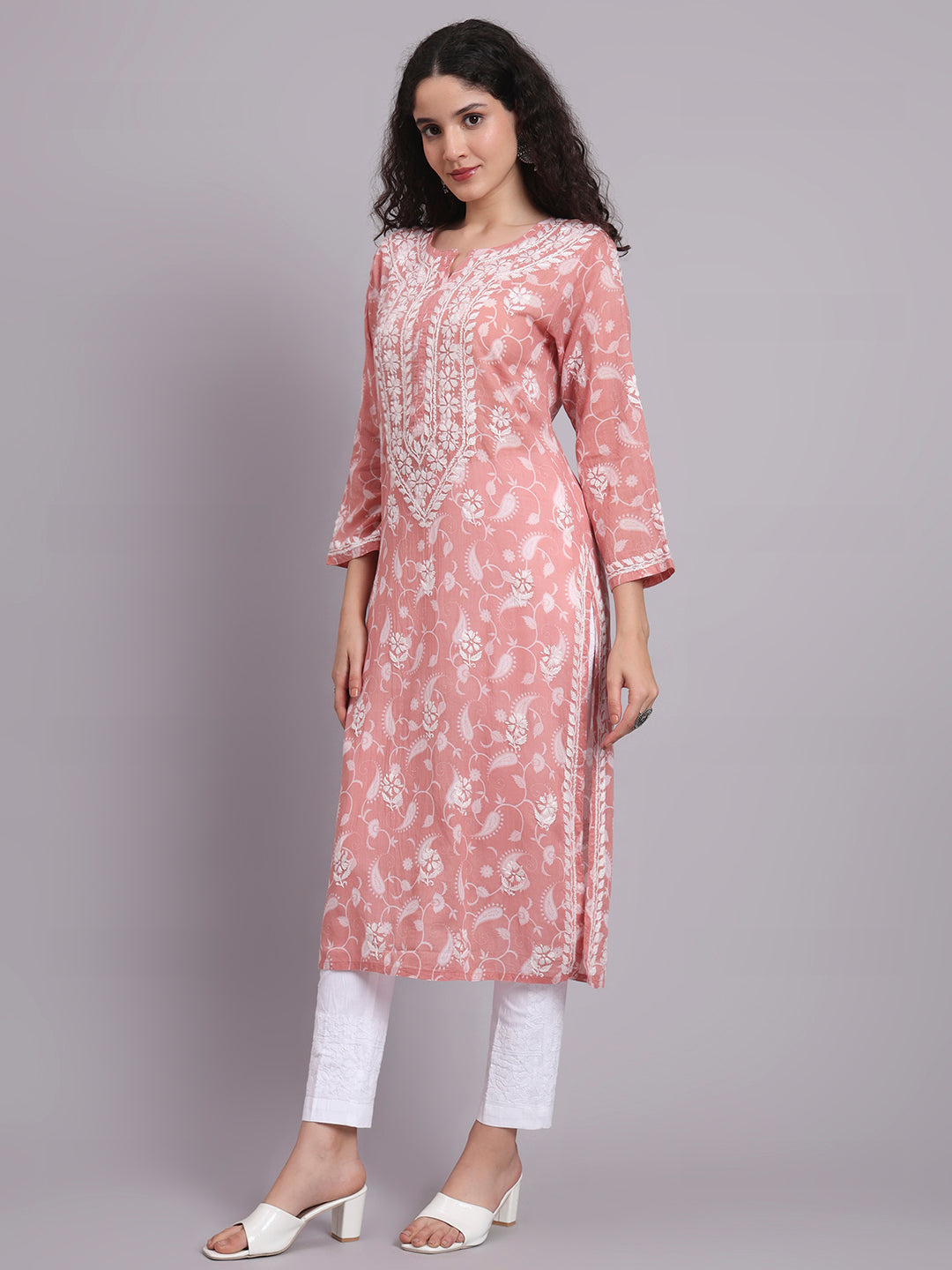 Women Hand Embroidered Chikankari Mul Printed Cotton Kurta-AL4072 Onion Pink