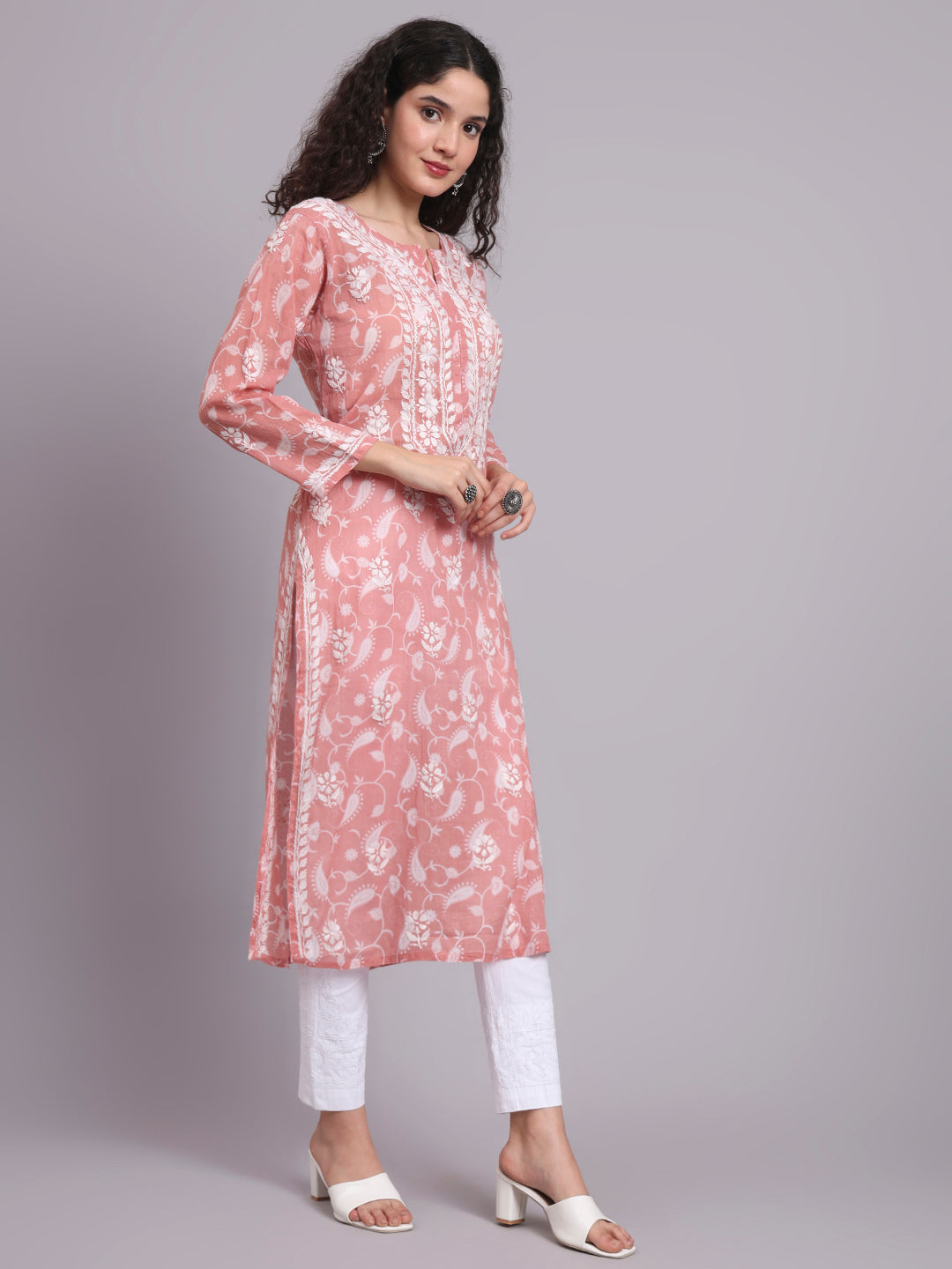 Women Hand Embroidered Chikankari Mul Printed Cotton Kurta-AL4072 Onion Pink