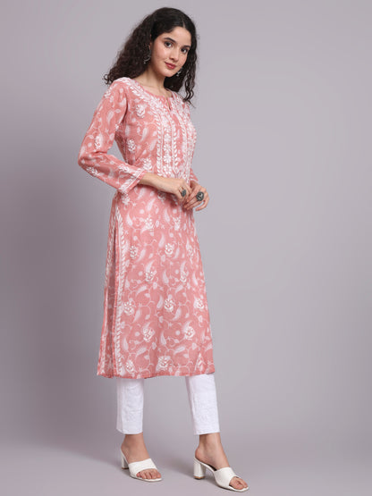 Women Hand Embroidered Chikankari Mul Printed Cotton Kurta-AL4072 Onion Pink