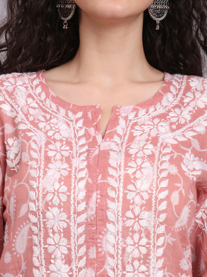 Women Hand Embroidered Chikankari Mul Printed Cotton Kurta-AL4072 Onion Pink