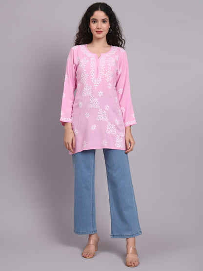 Women Hand Embroidered Chikankari Rayon Short Kurti-AL4071 Pink