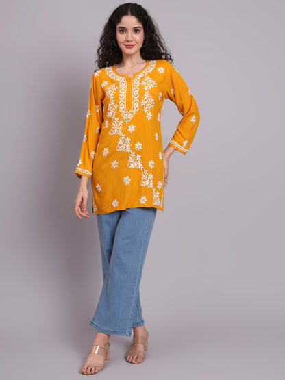 Women Hand Embroidered Chikankari Rayon Short Kurti-AL4071 Mustard