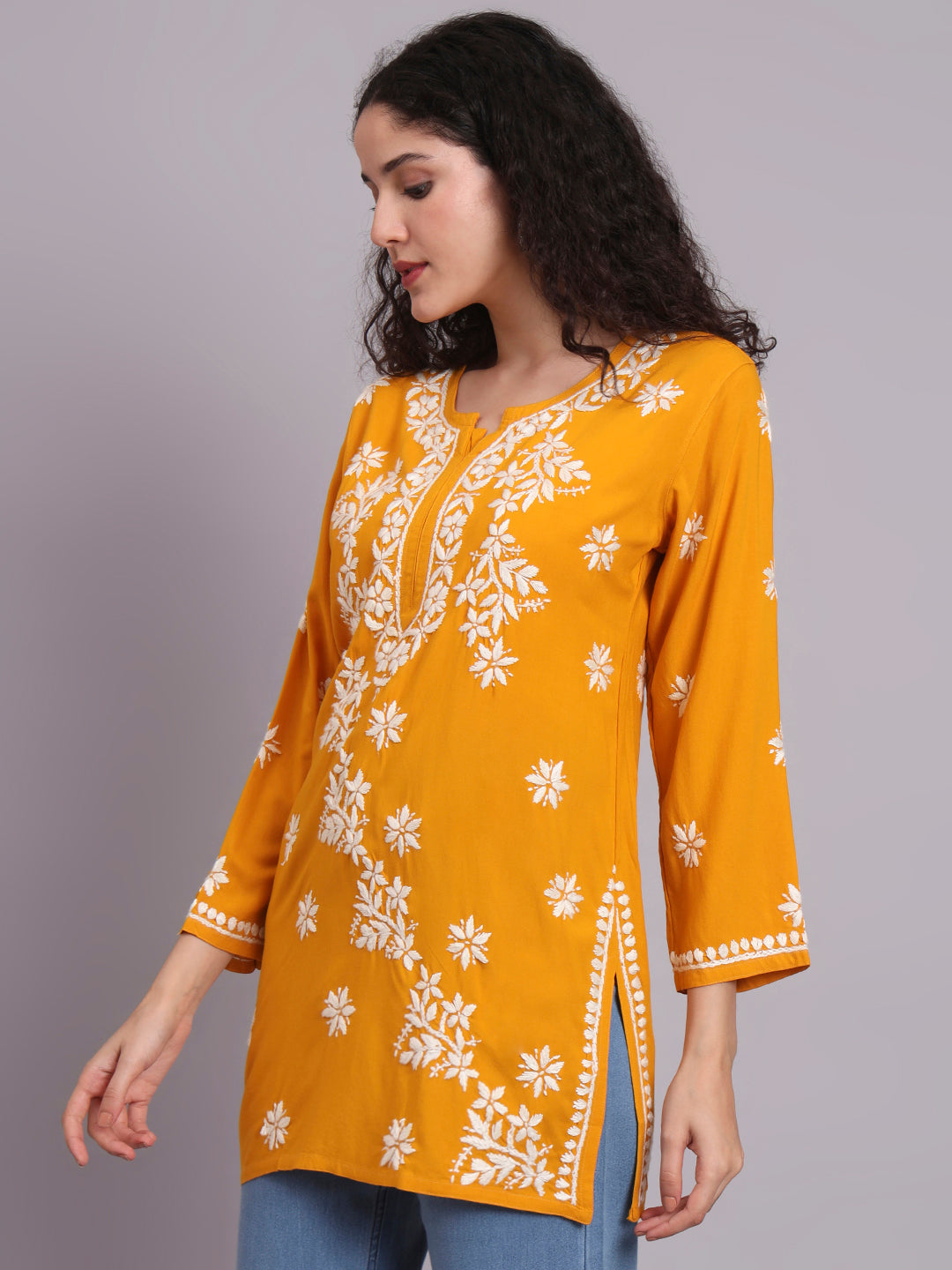 Women Hand Embroidered Chikankari Rayon Short Kurti-AL4071 Mustard