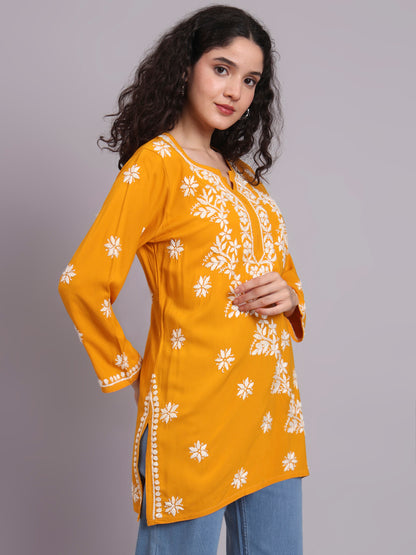 Women Hand Embroidered Chikankari Rayon Short Kurti-AL4071 Mustard