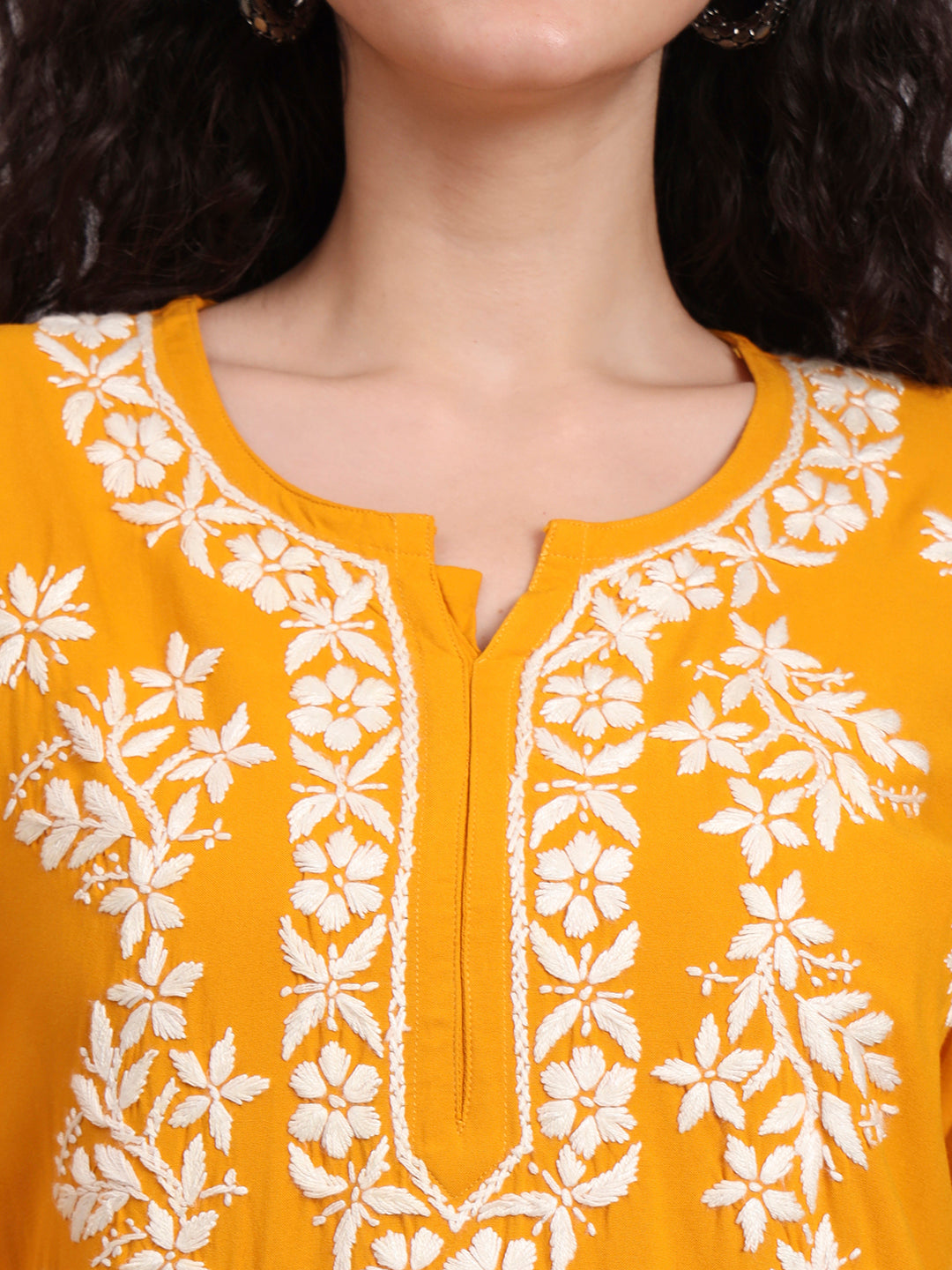 Women Hand Embroidered Chikankari Rayon Short Kurti-AL4071 Mustard