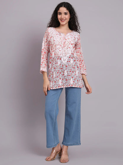 Women Hand Embroidered Chikankari Printed Cotton Kurti-AL4073 Red