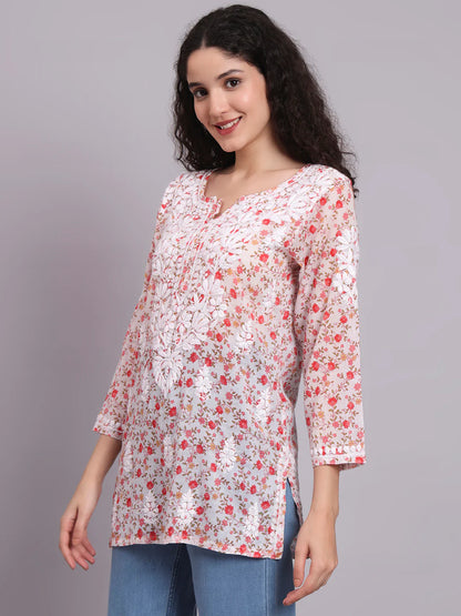 Women Hand Embroidered Chikankari Printed Cotton Kurti-AL4073 Red