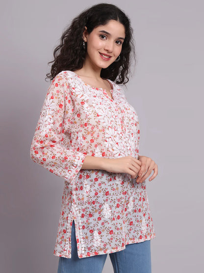 Women Hand Embroidered Chikankari Printed Cotton Kurti-AL4073 Red