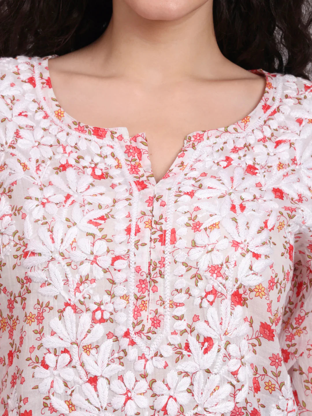 Women Hand Embroidered Chikankari Printed Cotton Kurti-AL4073 Red