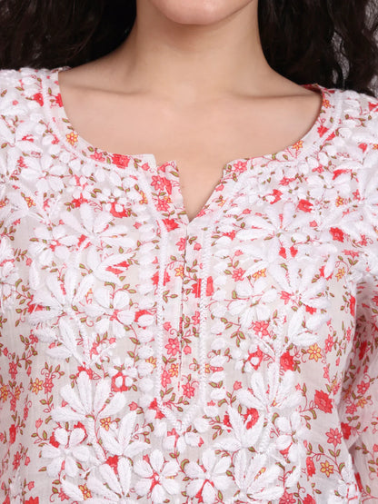 Women Hand Embroidered Chikankari Printed Cotton Kurti-AL4073 Red