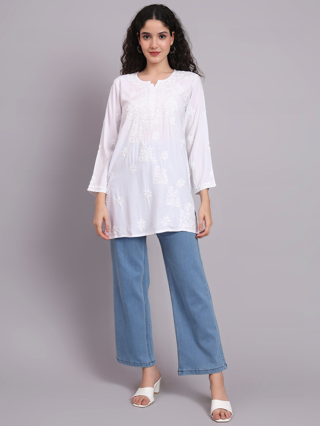 Women Hand Embroidered Chikankari Rayon Short Kurti-AL4071 White