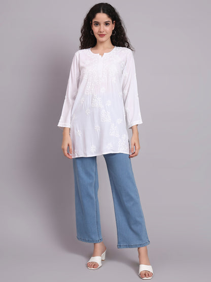 Women Hand Embroidered Chikankari Rayon Short Kurti-AL4071 White