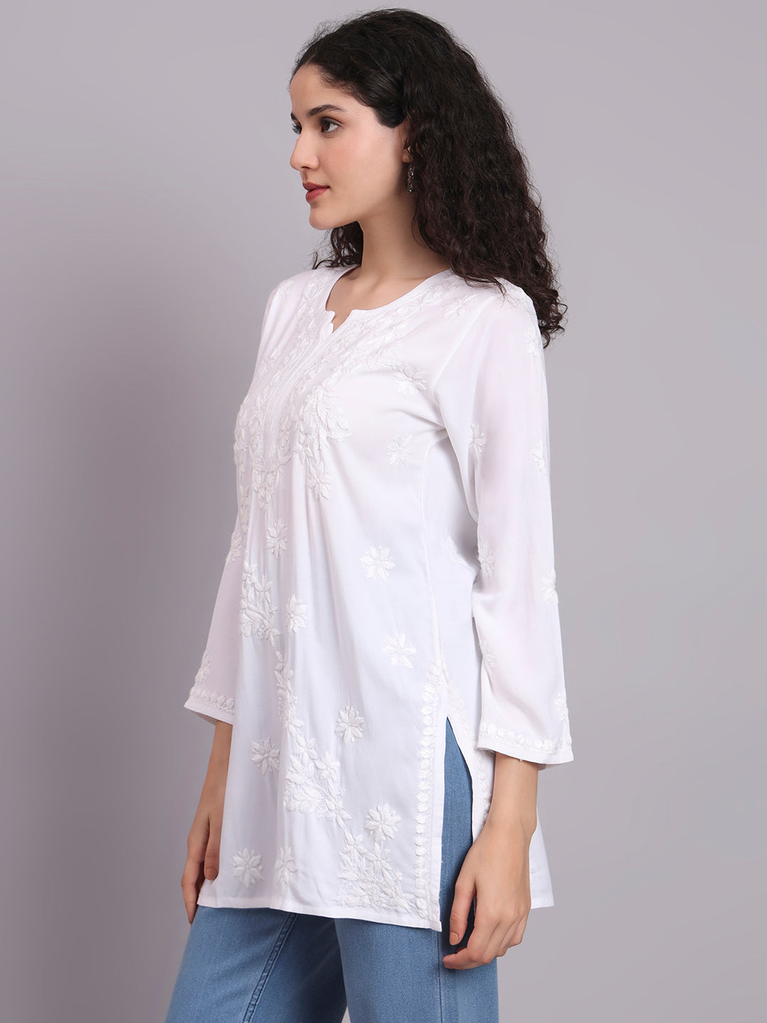 Women Hand Embroidered Chikankari Rayon Short Kurti-AL4071 White