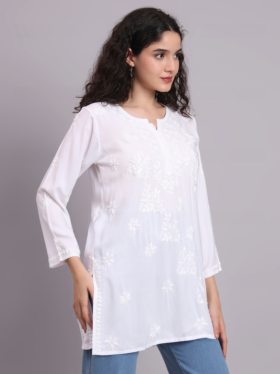 Women Hand Embroidered Chikankari Rayon Short Kurti-AL4071 White