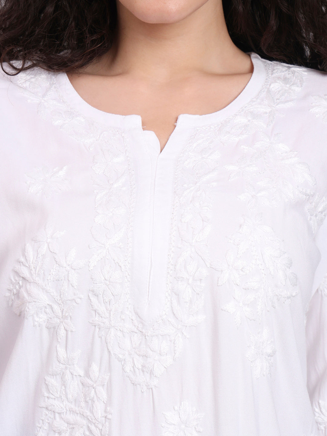 Women Hand Embroidered Chikankari Rayon Short Kurti-AL4071 White