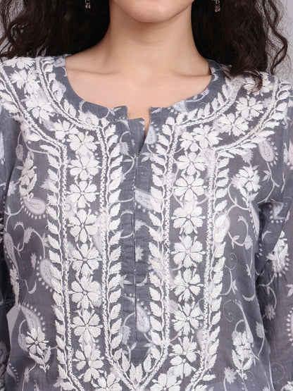 Women Hand Embroidered Chikankari Mul Printed Cotton Kurta-AL4072 Grey