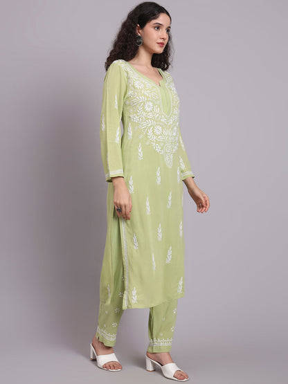 Women Hand Embroidered Chikankari Rayon Kurta set-AL3451KS Green