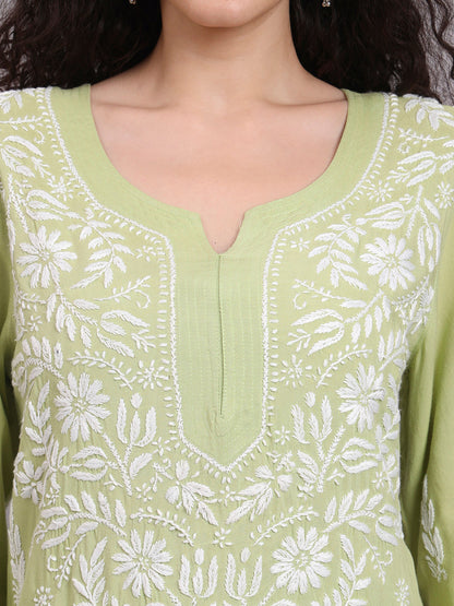 Women Hand Embroidered Chikankari Rayon Kurta set-AL3451KS Green